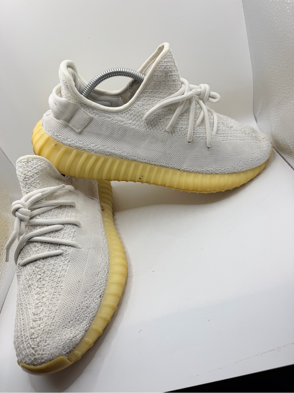 adidas Yeezy men’s Cream Knit Sneakers with Yellow Sole
